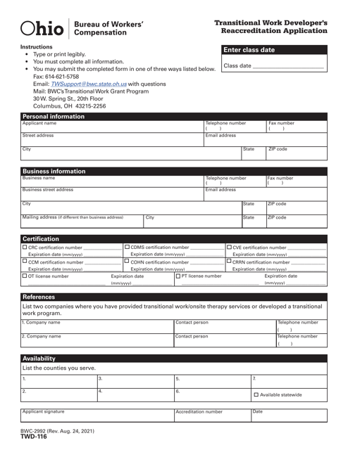 Form TWD-116 (BWC-2992) Transitional Work Developer's Reaccreditation Application - Ohio