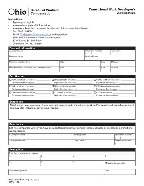 Form TWD-115 (BWC-2991) Transitional Work Developer's Application - Ohio