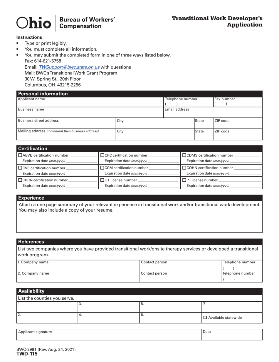 Form TWD-115 (BWC-2991) Transitional Work Developers Application - Ohio, Page 1
