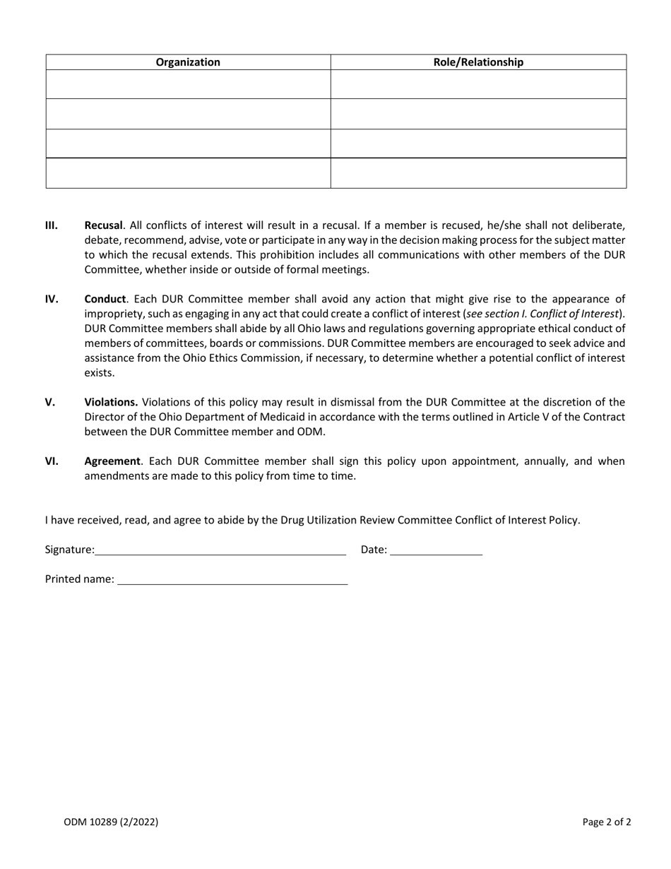 Form ODM10289 Drug Utilization Review Committee Conflict of Interest Policy - Ohio, Page 2