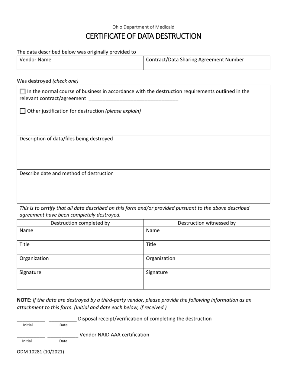 Form ODM10281 Certificate of Data Destruction - Ohio, Page 1