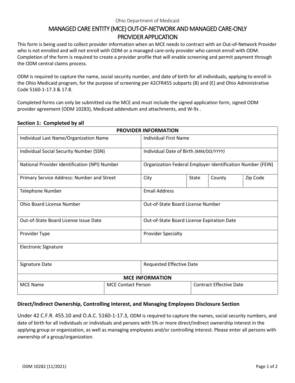 Form ODM10282 Managed Care Entity (Mce) out-Of-Network and Managed Care-Only Provider Application - Ohio, Page 1