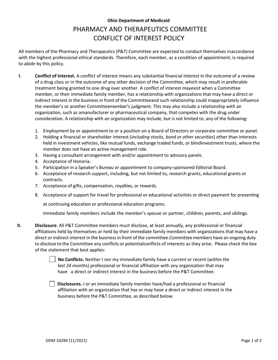 Form ODM10284 Pharmacy and Therapeutics Committee Conflict of Interest Policy - Ohio, Page 1