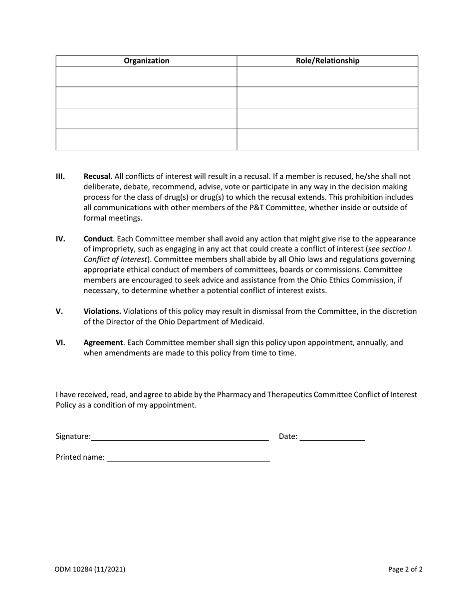 Form ODM10284 Pharmacy and Therapeutics Committee Conflict of Interest Policy - Ohio, Page 2