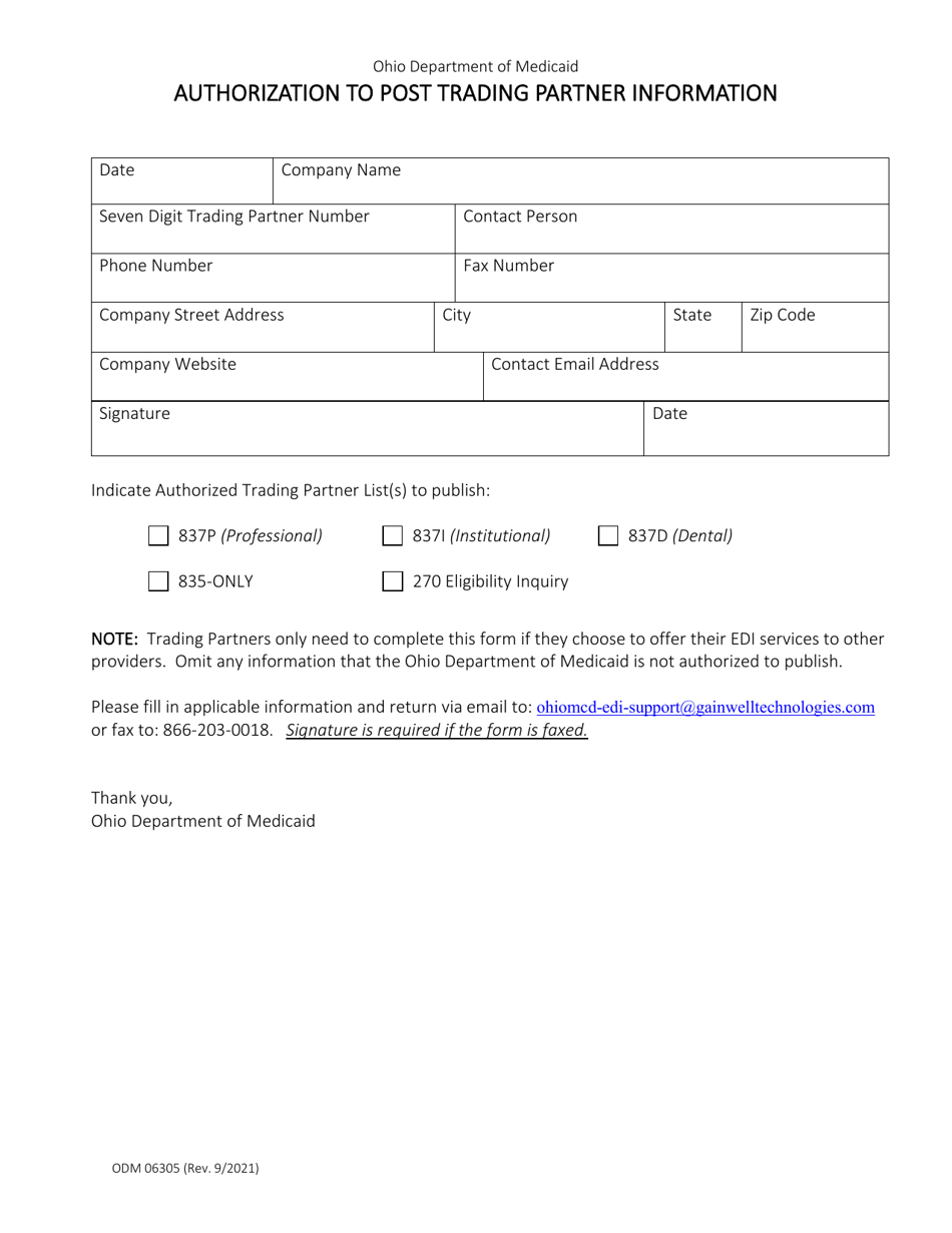 Form ODM06305 Authorization to Post Trading Partner Information - Ohio, Page 1
