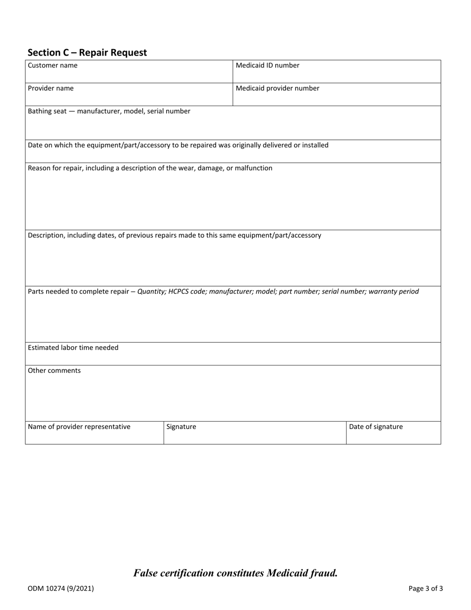 Form ODM10274 Certificate of Medical Necessity: Bathing Seats - Ohio, Page 3