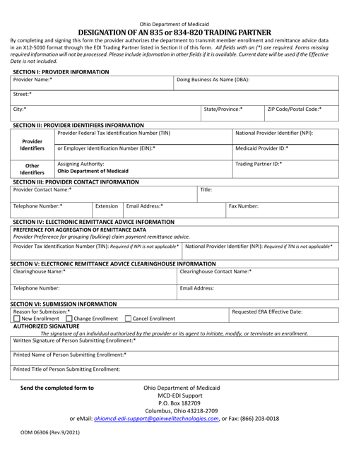 Form ODM06306 Designation of an 835 or 834-820 Trading Partner - Ohio