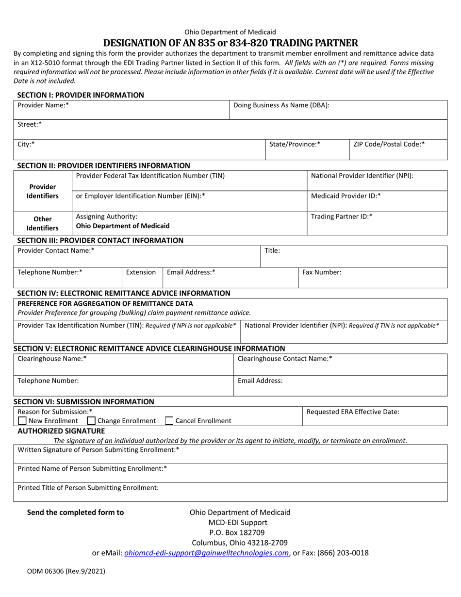 Form ODM06306 Designation of an 835 or 834-820 Trading Partner - Ohio, Page 1