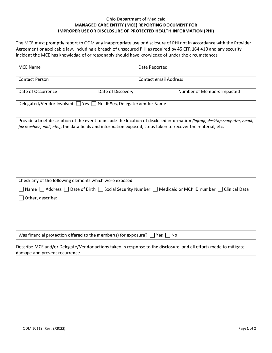 Form ODM10113 Managed Care Entity (Mce) Reporting Document for Improper Use or Disclosure of Protected Health Information (Phi) - Ohio, Page 1