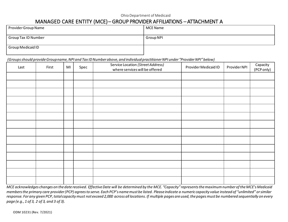 Form ODM10231 Attachment A Managed Care Entity (Mce) - Group Provider Affiliations - Ohio, Page 1