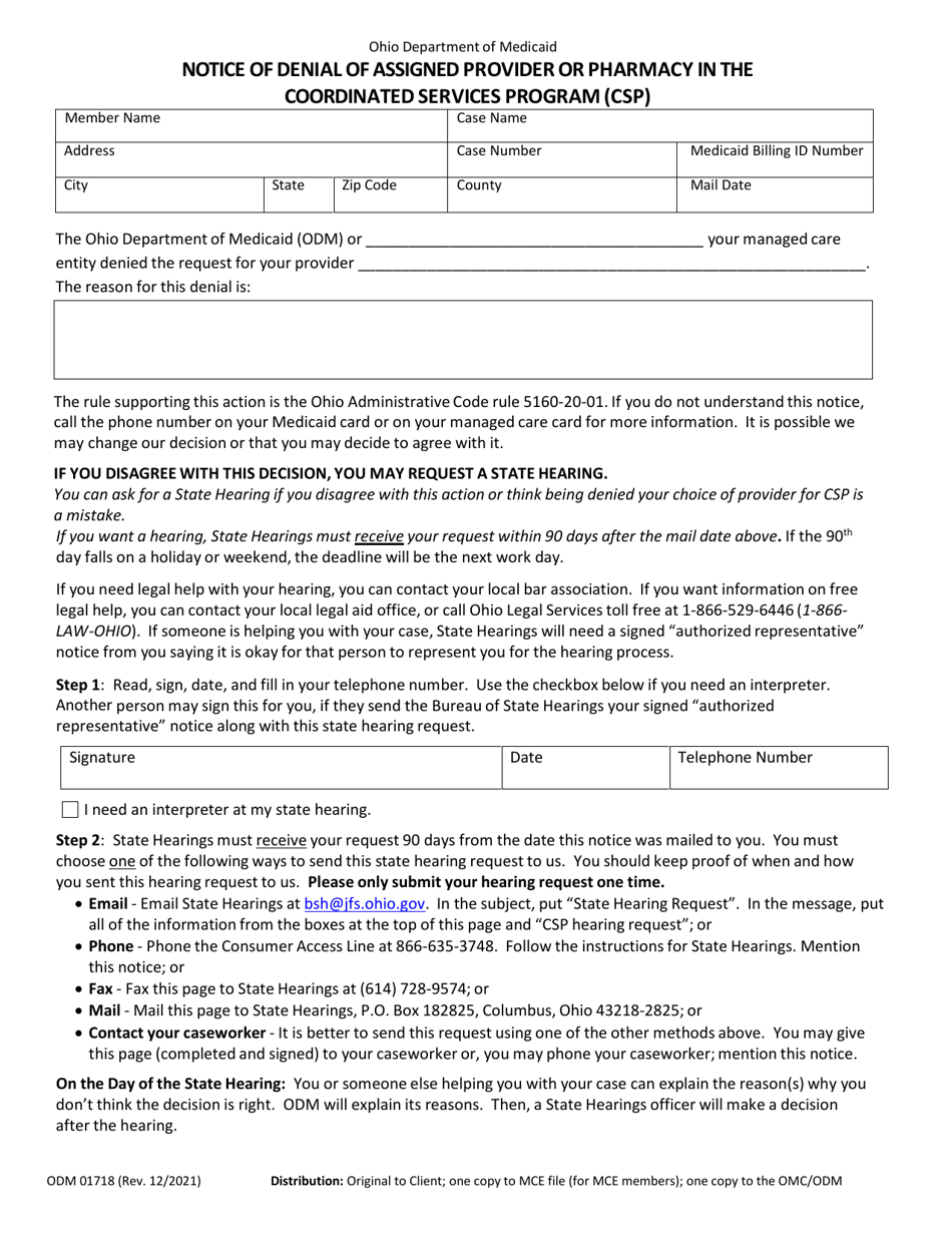Form ODM01718 Notice of Denial of Assigned Provider or Pharmacy in the Coordinated Services Program (CSP) - Ohio, Page 1
