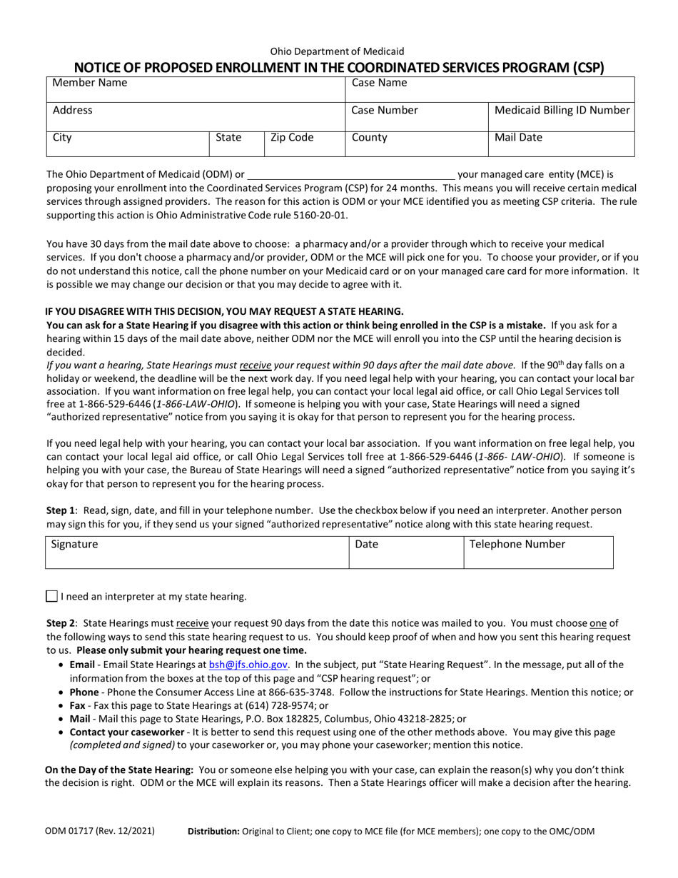 Form ODM01717 Notice of Proposed Enrollment in the Coordinated Services Program (CSP) - Ohio, Page 1