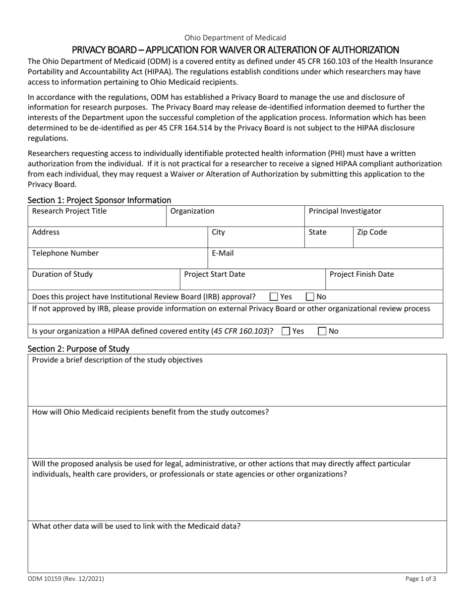 Form ODM10159 Privacy Board - Application for Waiver or Alteration of Authorization - Ohio, Page 1