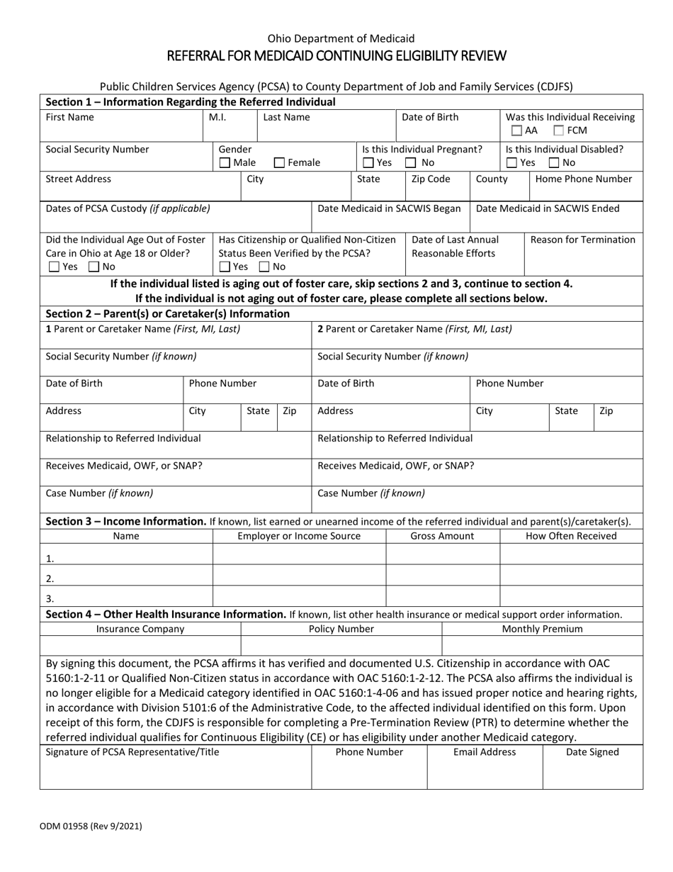 Form ODM01958 Referral for Medicaid Continuing Eligibility Review - Ohio, Page 1