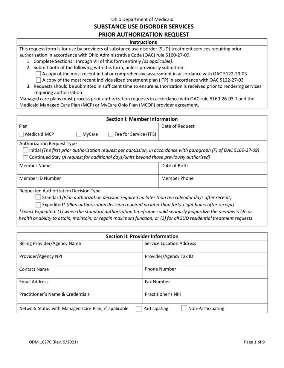 Form ODM10276 Substance Use Disorder Services Prior Authorization Request - Ohio, Page 1