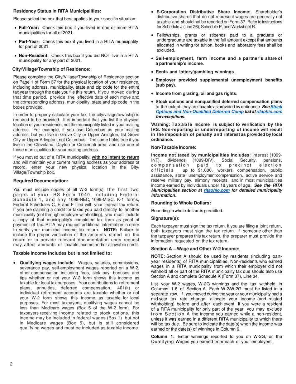 Download Instructions for Form 37 Rita Individual Tax Return PDF