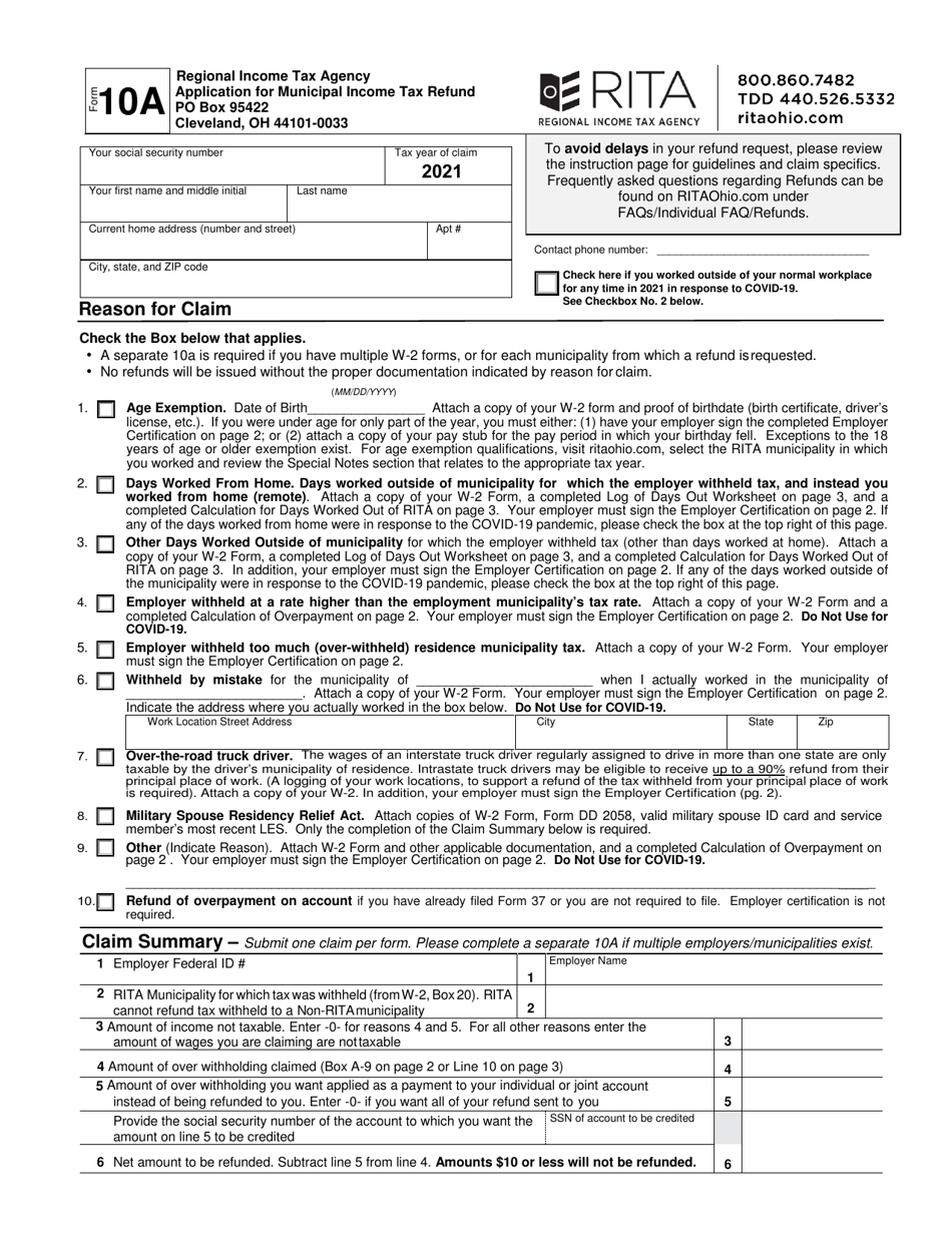 Form 10A Application for Municipal Income Tax Refund - Ohio, Page 1