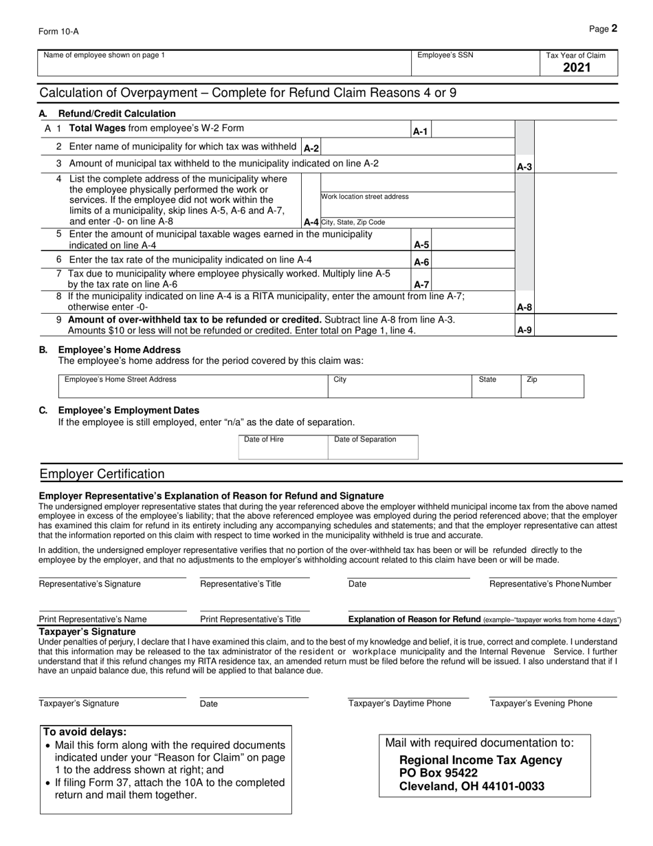 Form 10A Application for Municipal Income Tax Refund - Ohio, Page 2