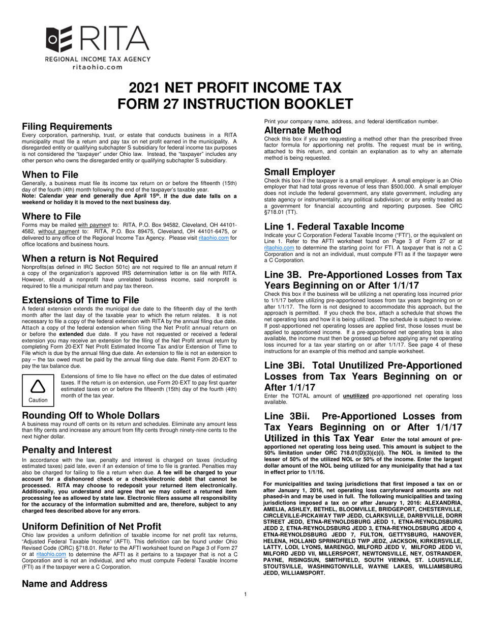 Download Instructions for Form 27 Rita Net Profit Tax Return PDF, 2021