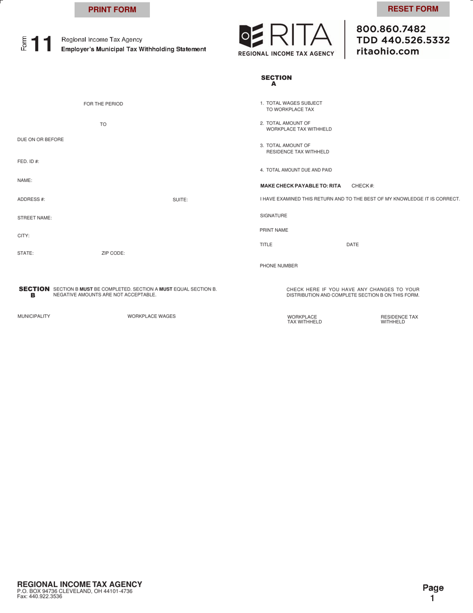 Form 11 Employers Municipal Tax Withholding Statement - Ohio, Page 1