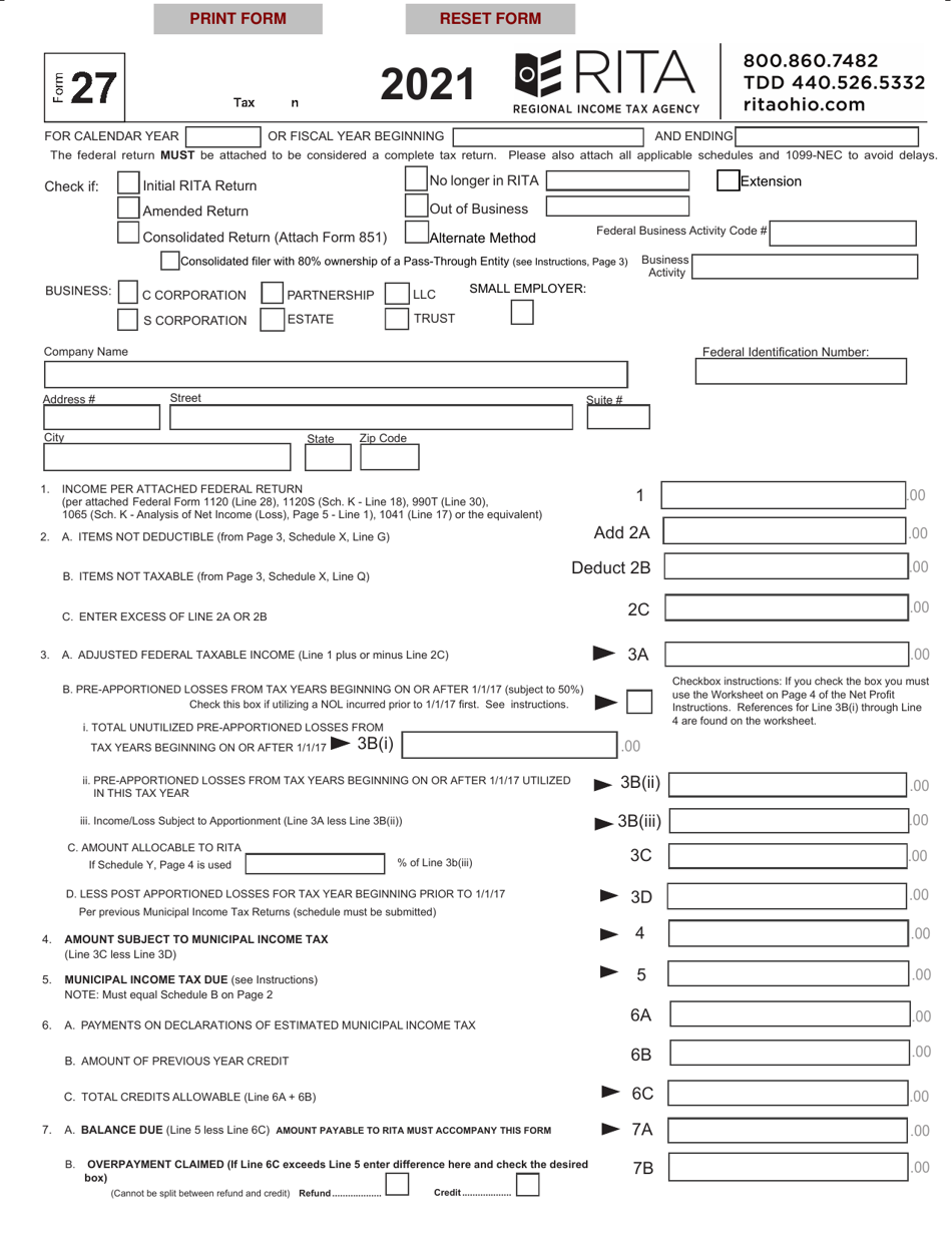 Form 27 Rita Net Profit Tax Return - Ohio, Page 1