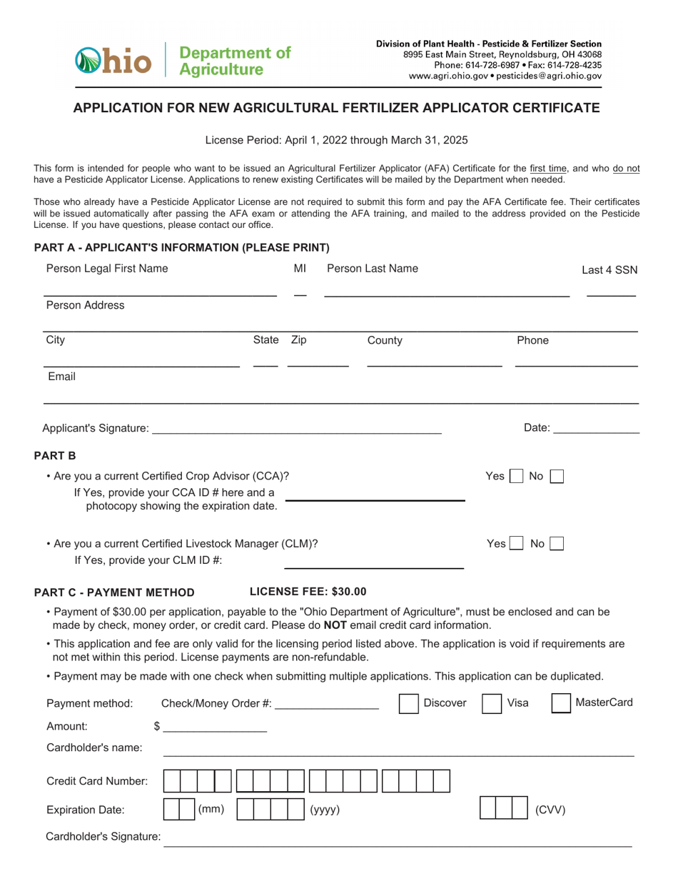 Application for New Agricultural Fertilizer Applicator Certificate - Ohio, Page 1