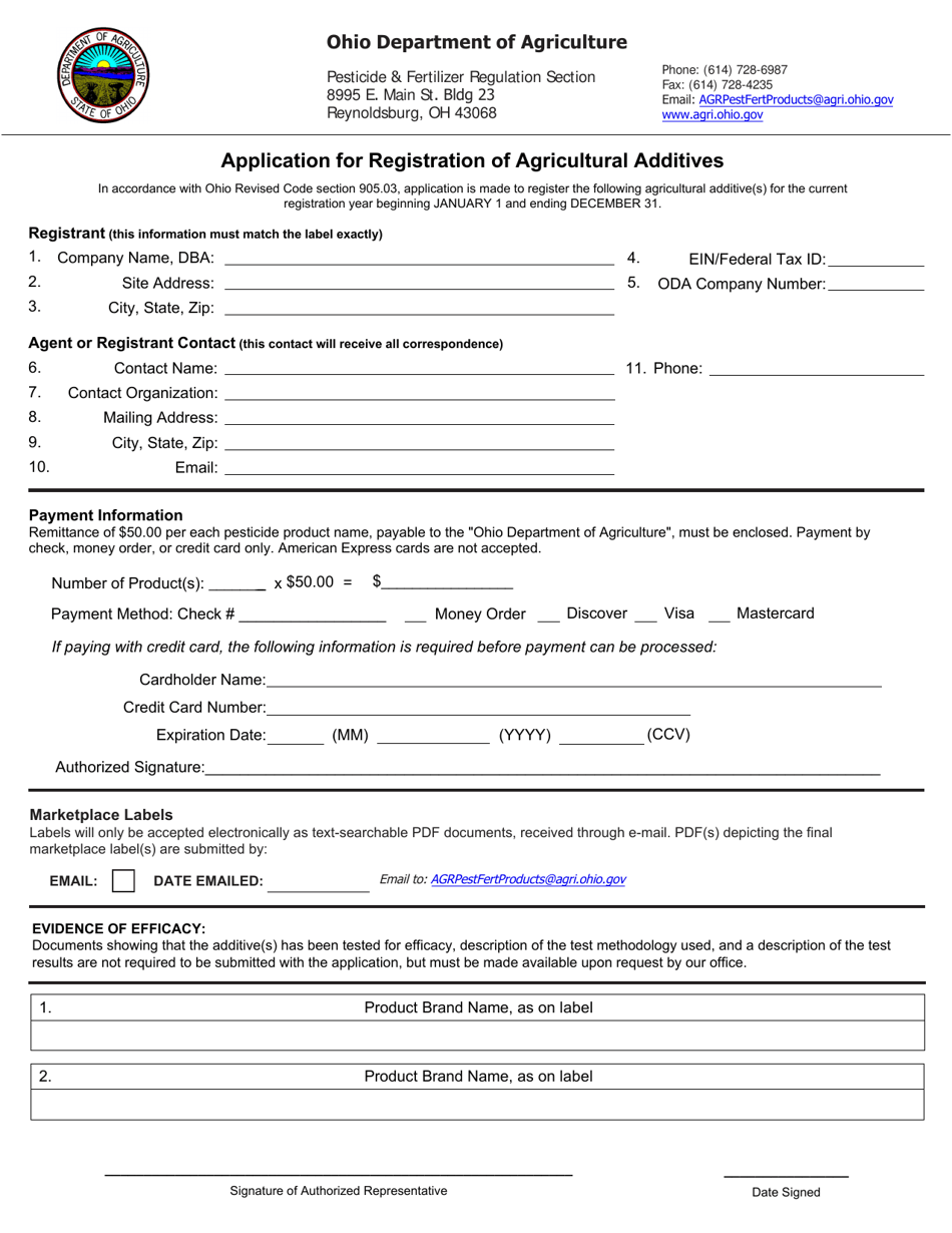 Application for Registration of Agricultural Additives - Ohio, Page 1