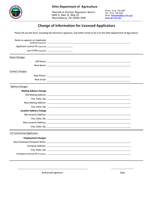 Change of Information for Licensed Applicators - Ohio Download Pdf