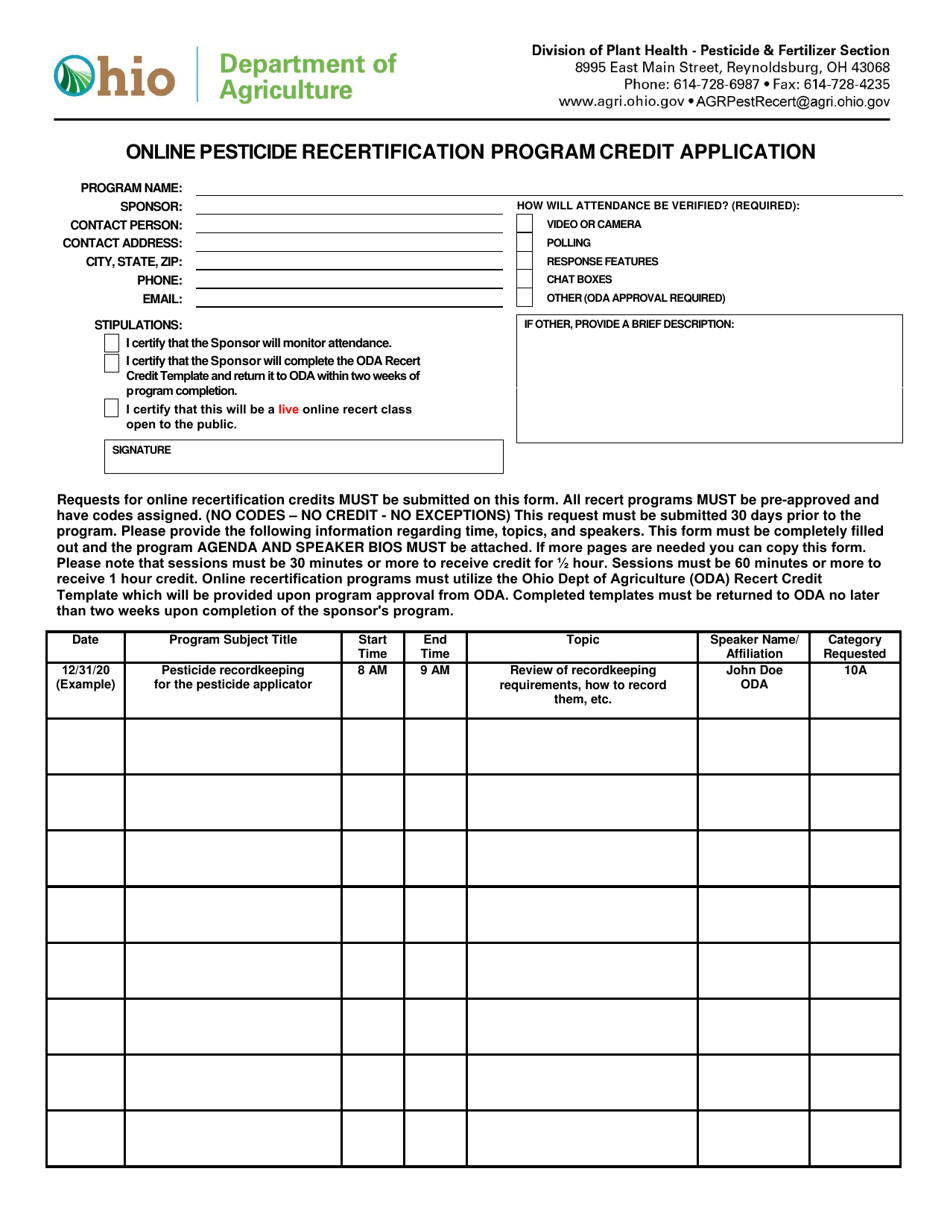 Form PLNT-4204-014-E Online Pesticide Recertification Program Credit Application - Ohio, Page 1