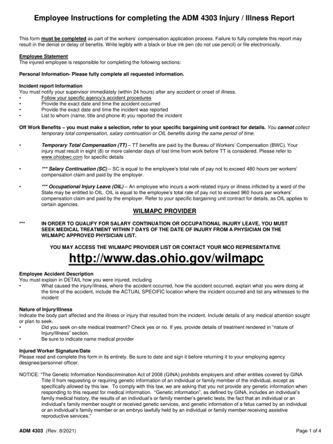 Form ADM4303 Injury/Illness Report - Ohio