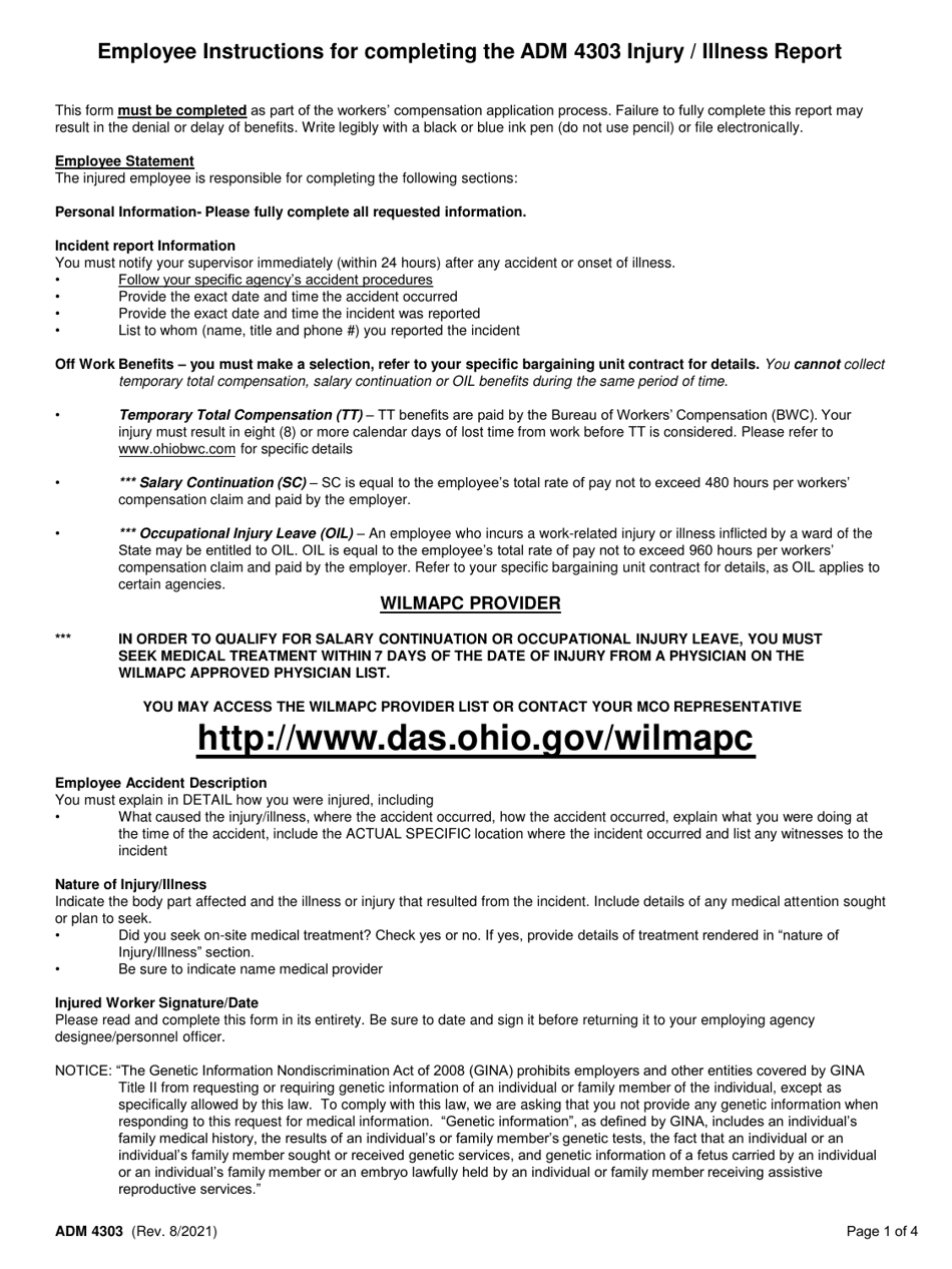 Form ADM4303 Injury / Illness Report - Ohio, Page 1