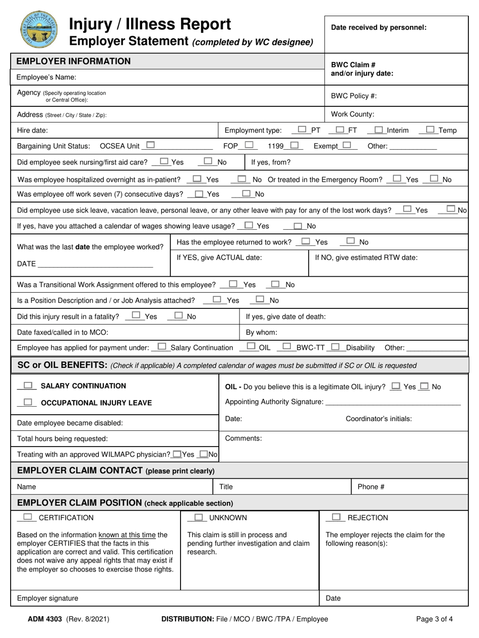Form ADM4303 Injury / Illness Report - Ohio, Page 3