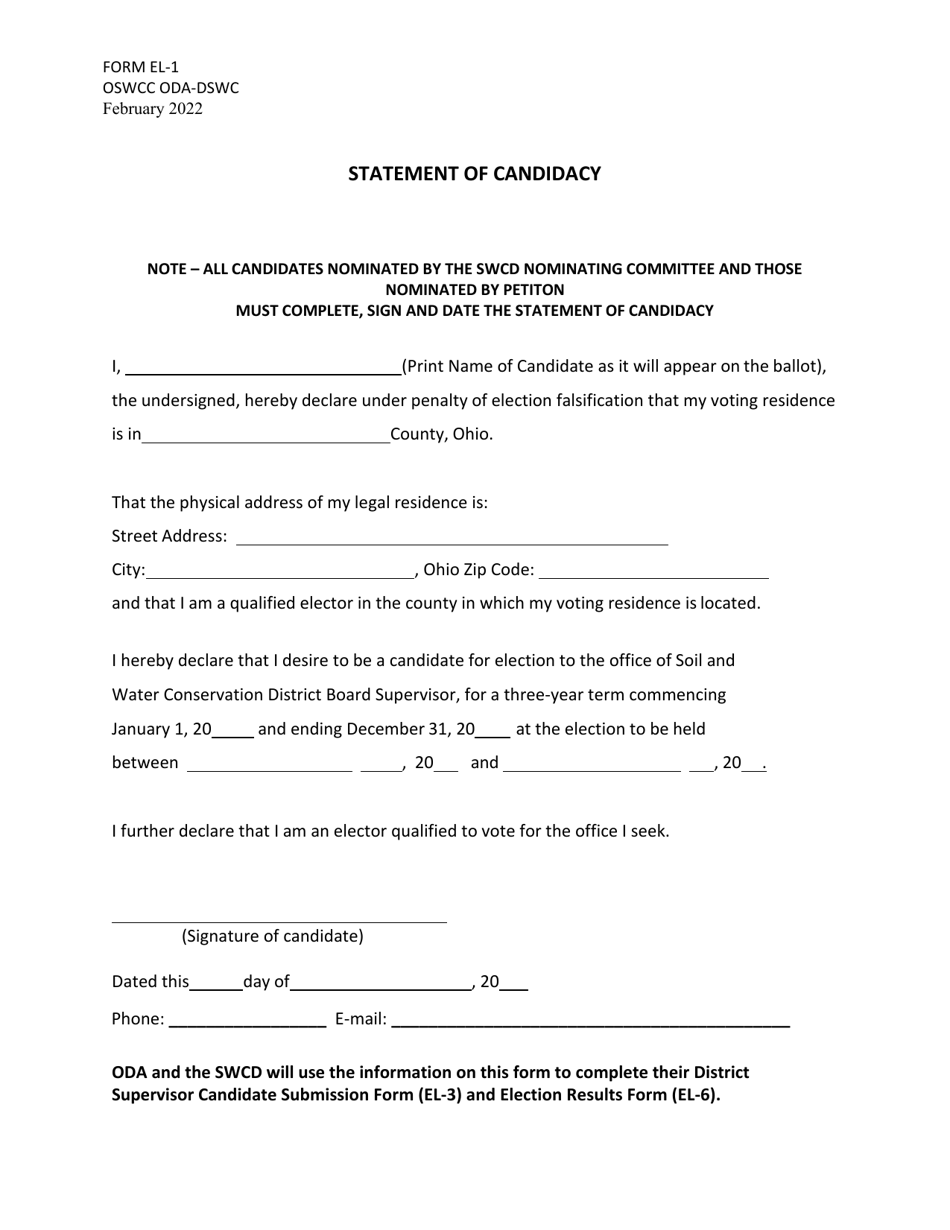 Form EL-1 Statement of Candidacy - Ohio, Page 1