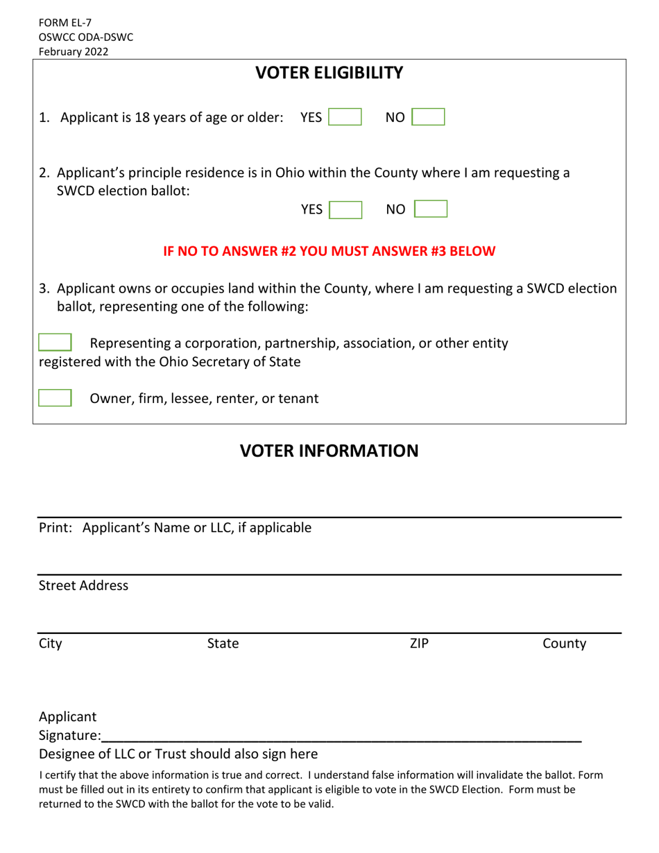Form EL-7 Voter Verification Form - Ohio, Page 1