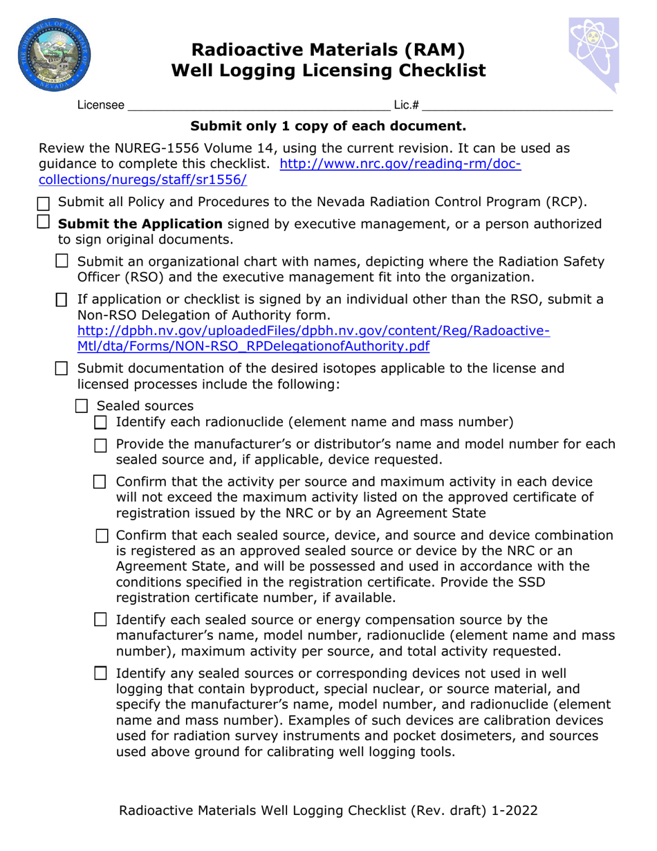 Radioactive Materials (Ram) Well Logging Licensing Checklist - Nevada, Page 1