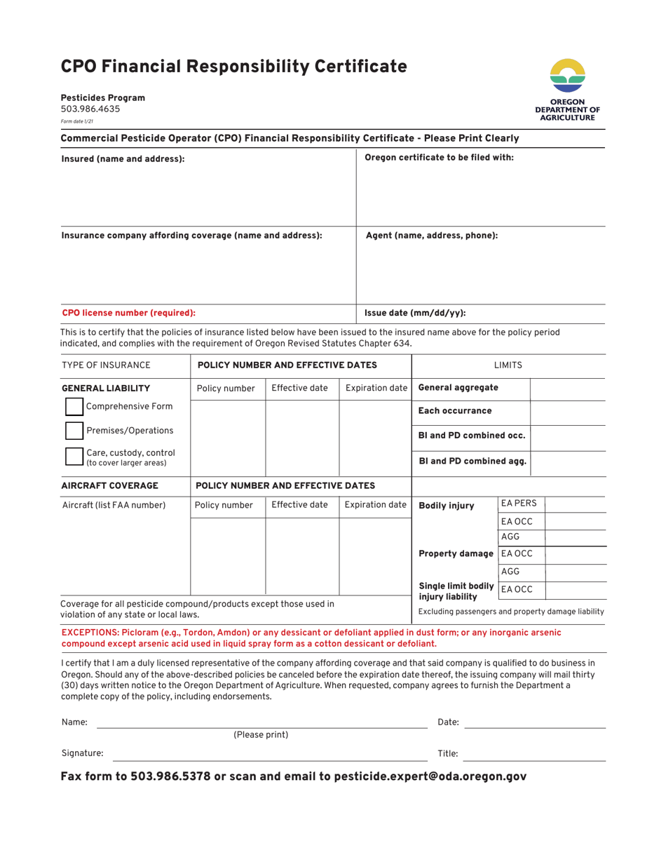 Cpo Financial Responsibility Certificate - Oregon, Page 1