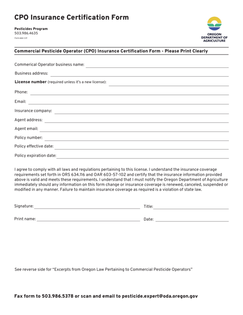 Cpo Insurance Certification Form - Oregon
