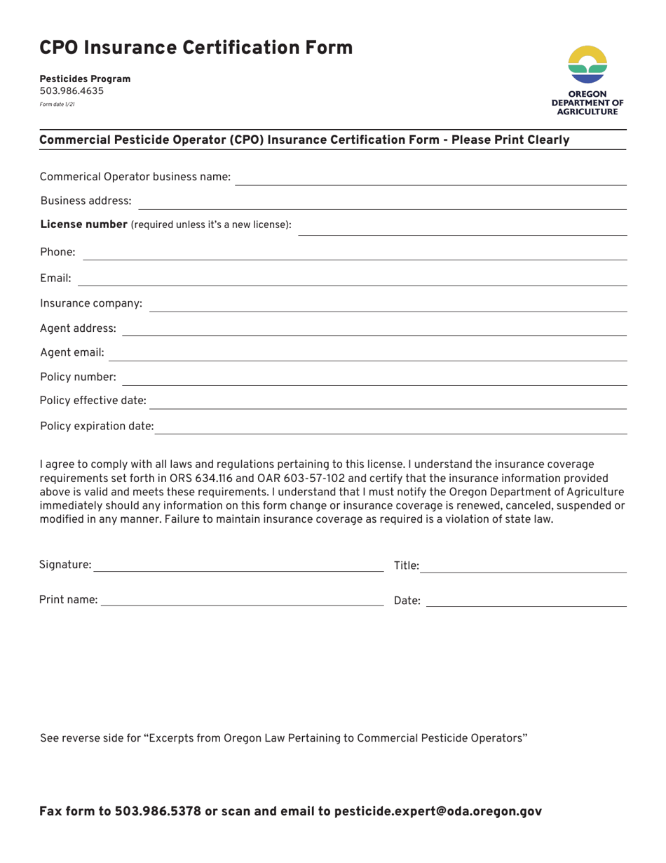 Cpo Insurance Certification Form - Oregon, Page 1