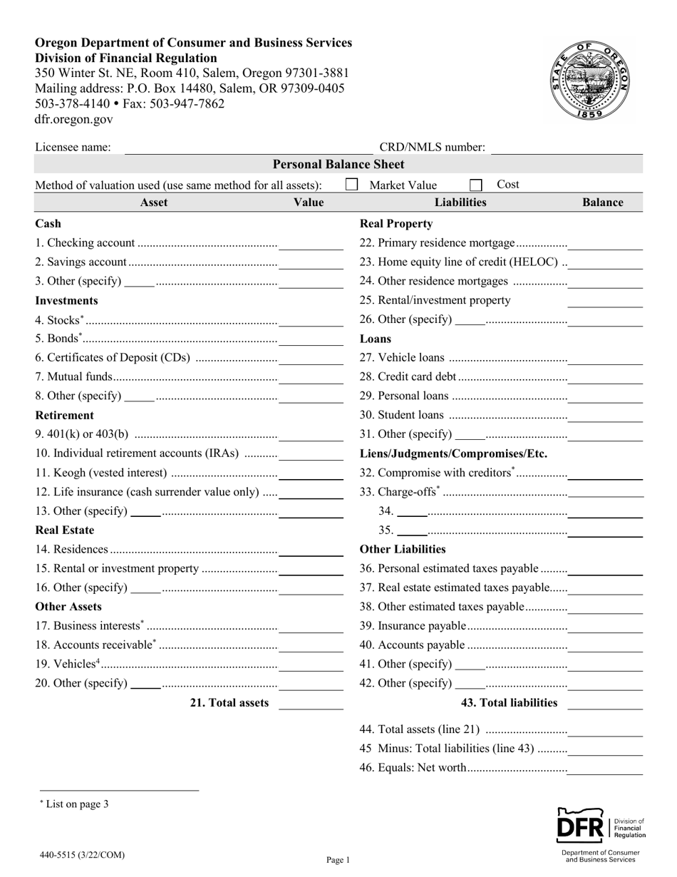 Form 440-5515 Personal Balance Sheet and Personal Income Statement - Oregon, Page 1