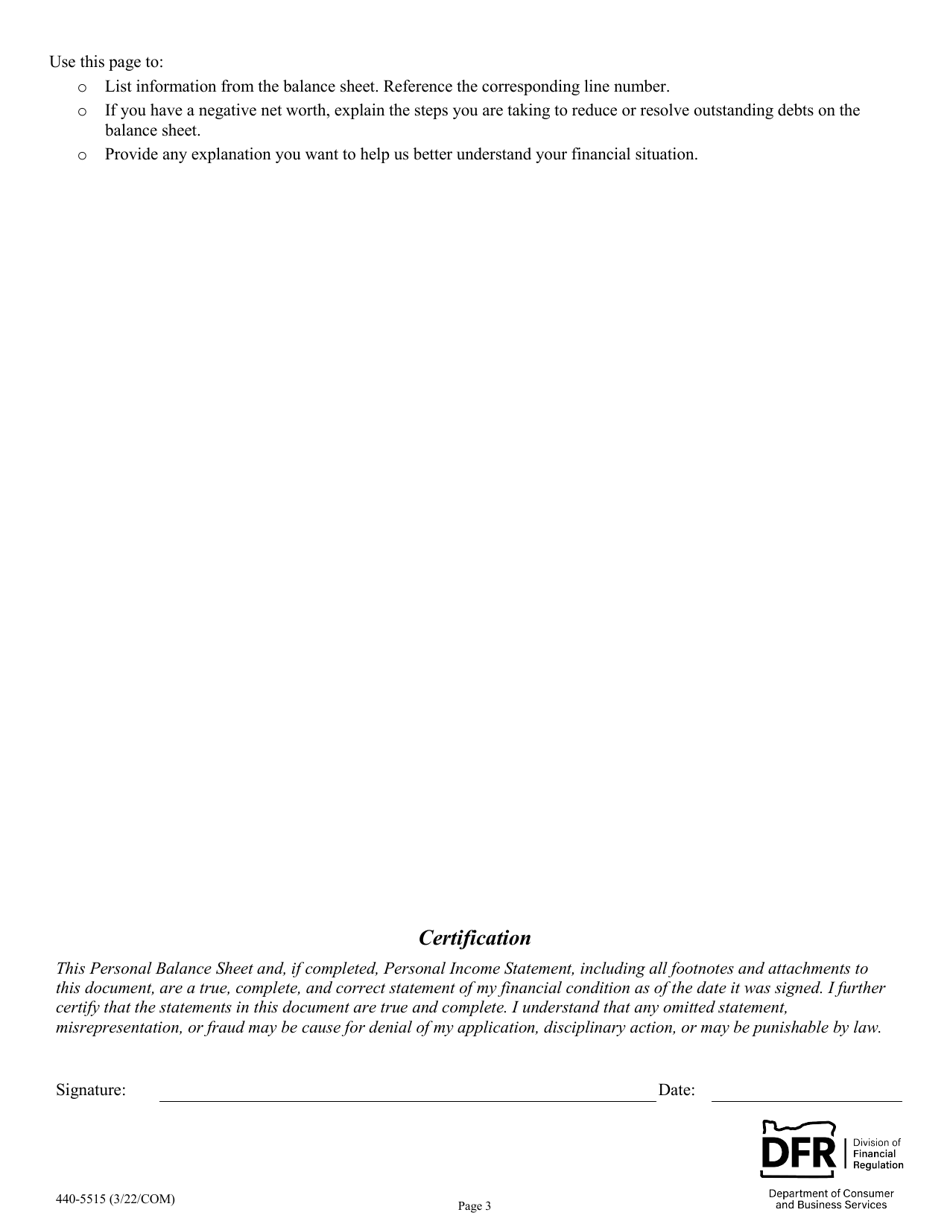 Form 440-5515 Personal Balance Sheet and Personal Income Statement - Oregon, Page 3
