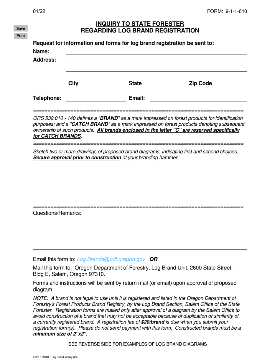 Form 9-1-1-610 Inquiry to State Forester Regarding Log Brand Registration - Oregon, Page 1