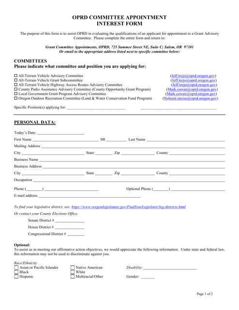Oprd Committee Appointment Interest Form - Oregon