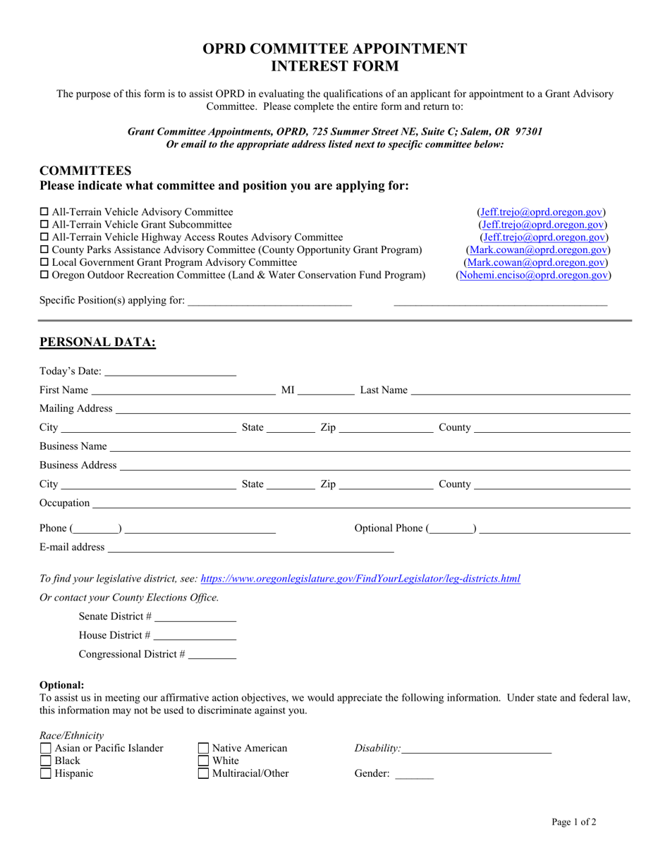 Oprd Committee Appointment Interest Form - Oregon, Page 1