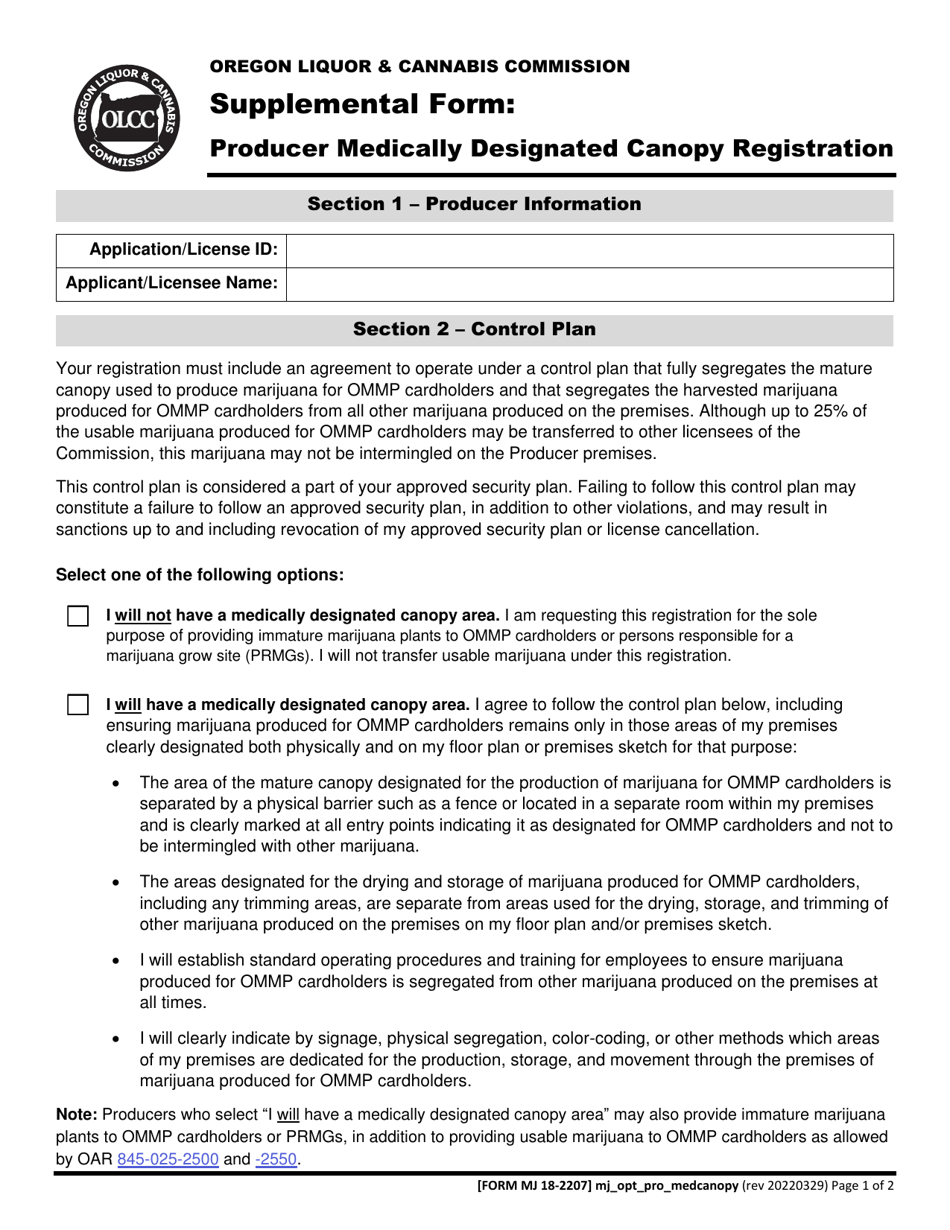 Form MJ18-2207 Producer Medically Designated Canopy Registration - Oregon, Page 2