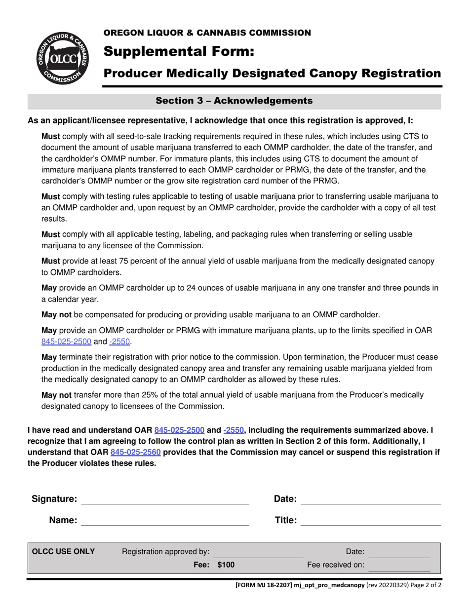 Form MJ18-2207 Producer Medically Designated Canopy Registration - Oregon, Page 3