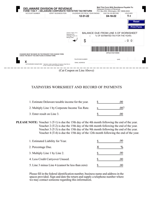 Form 1100T-1 Delaware Corporate Tentative Tax Return - Delaware, 2023