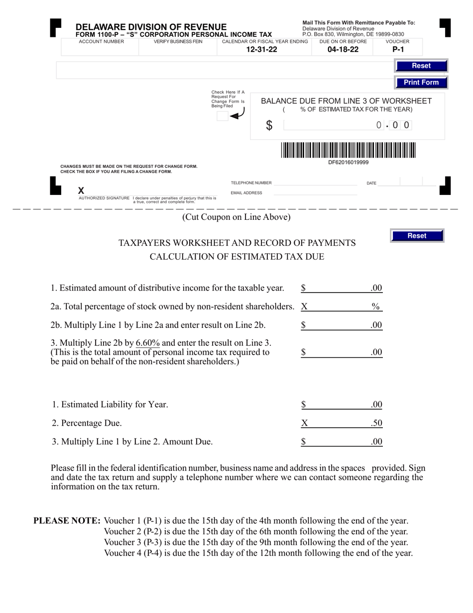 Form 1100P-1 S Corporation Personal Income Tax Payment Voucher - Delaware, Page 1