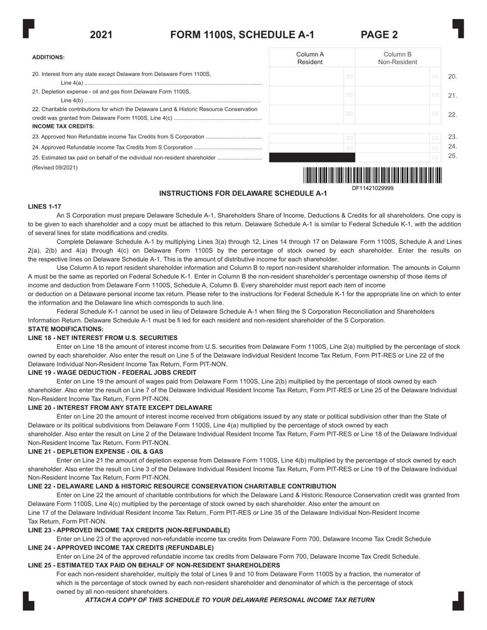 Form 1100S Schedule A-1 S Corporation Shareholders Information Return - Shareholders Share of Income, Deductions  Credits - Delaware, Page 2