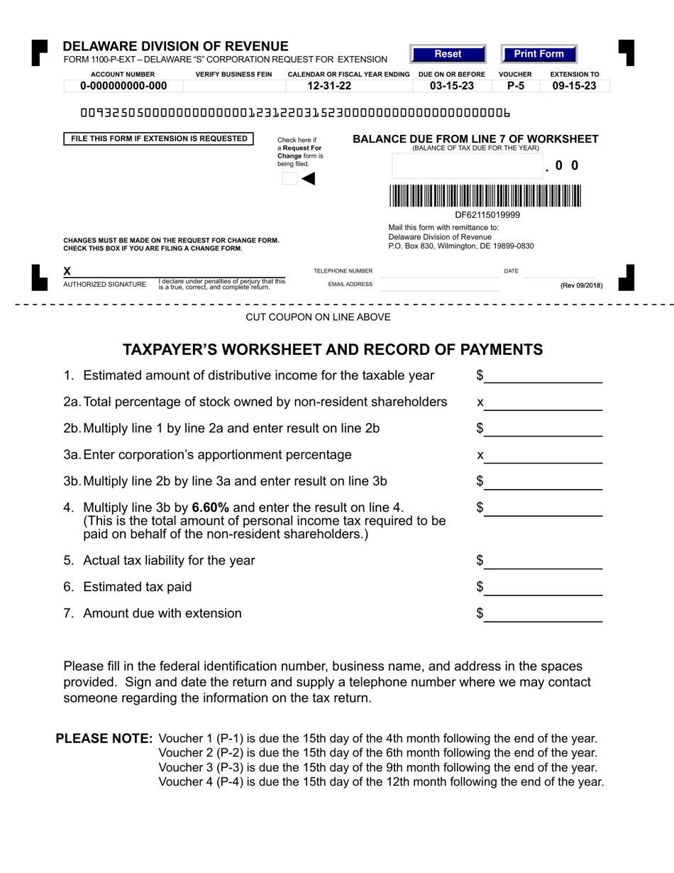 Form 1100-P-EXT Delaware S Corporation Request for Extension - Delaware, Page 1
