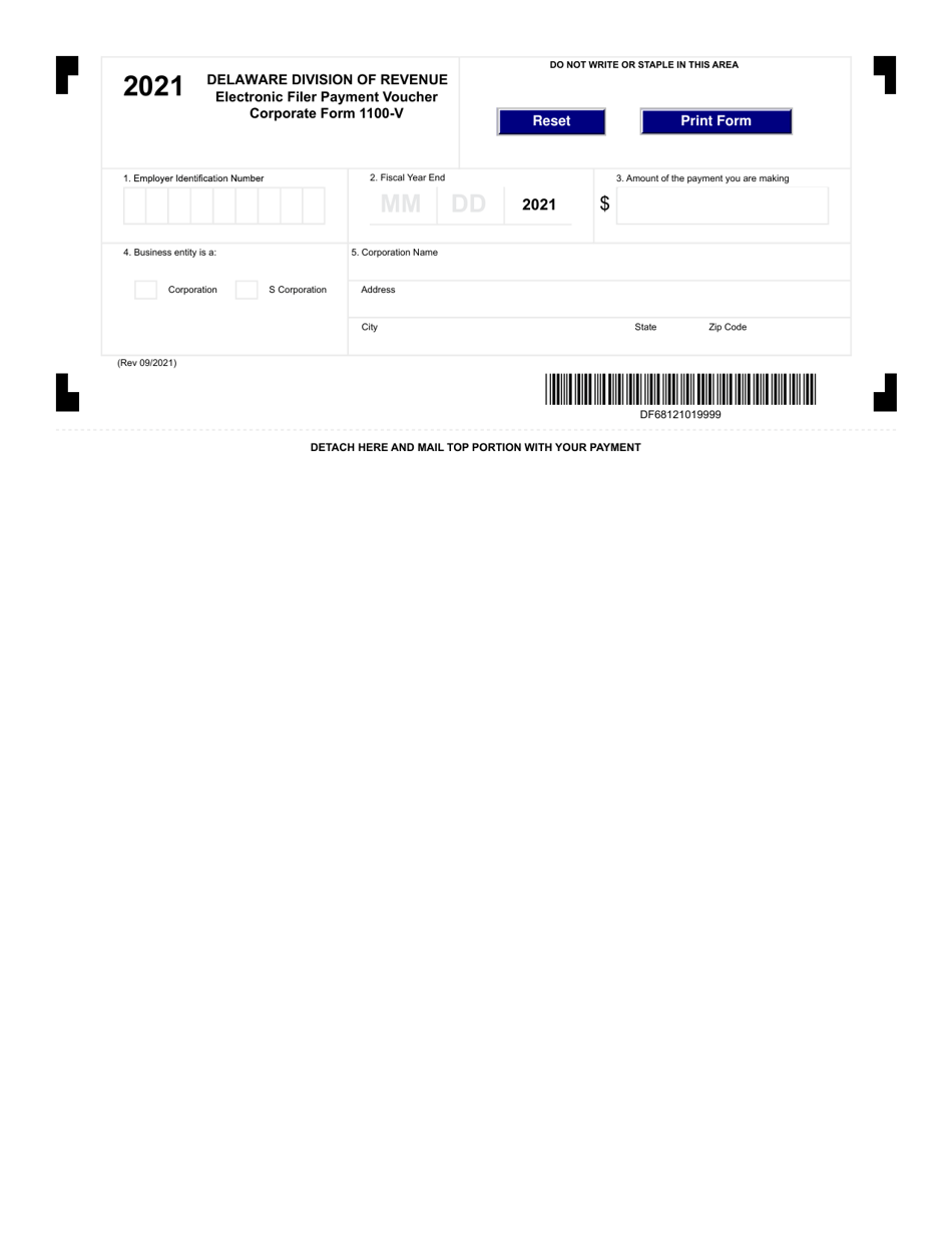 Corporate Form 1100-V Electronic Filer Payment Voucher - Delaware, Page 1